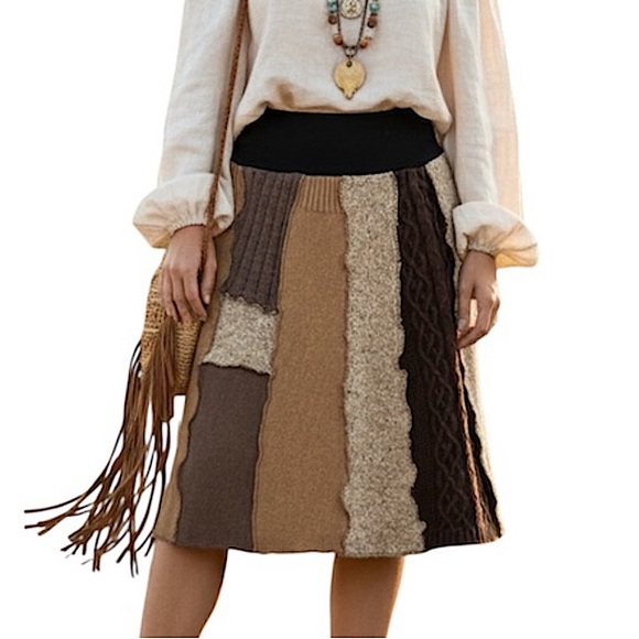 Brown Patchwork A-Line Sweater Skirt Size Medium - Picture 1 of 14